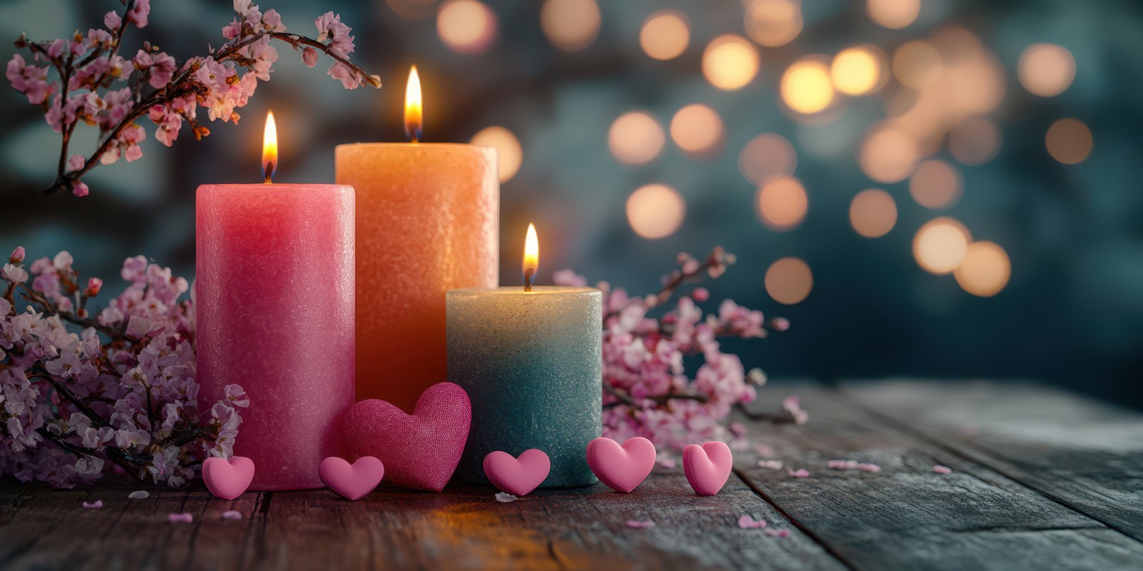 Romantic candle arrangement with pink and blue candles, hearts, and floral accents set against a blurred background